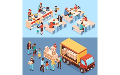 Isometric Volunteer Food Homeless Banners 201112128 Vector Illustration Concept