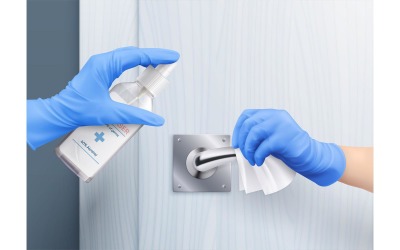 Hands In Gloves Door Handle Desinfection Realistic 201030919 Vector Illustration Concept