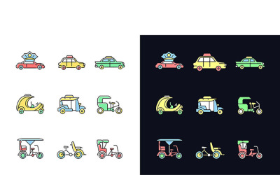 Rodzaje taksówek Zestaw ikon kolorów jasnych i ciemnych motywów RGB