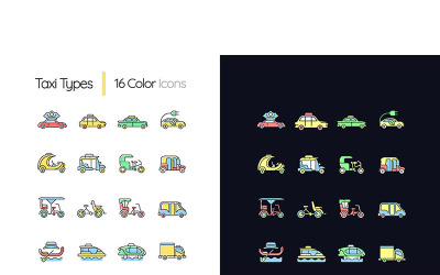 Taxi typer ljusa och mörka tema RGB färg ikoner som vektorer