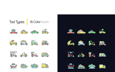 Tipos de taxi Iconos de colores RGB de tema claro y oscuro Conjunto de vectores