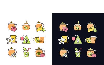 Tea és teaszerű italok világos és sötét téma RGB színű ikonok beállítása