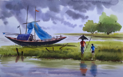 Acuarela paisaje natural de la temporada de lluvias en un barco que fluye por el río con un hermoso momento dibujado a mano