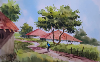Akvarel strom na straně vesnice s krásnou modrou oblohou ručně kreslenou ilustrací
