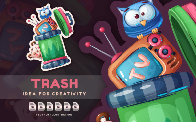 Cartoon Animals, Trash and TV - Sticker, Graphics Illustration