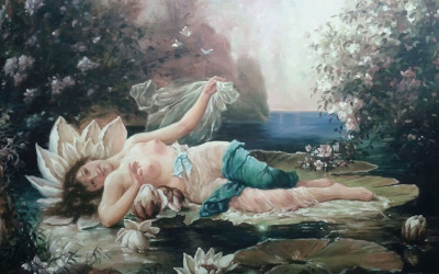 Mulher sexy em aquarela deitada na flor Ária com belas paisagens ilustrações desenhadas à mão