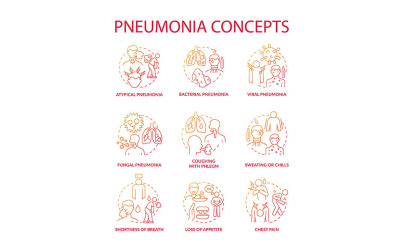Набор иконок красный градиент концепции пневмонии