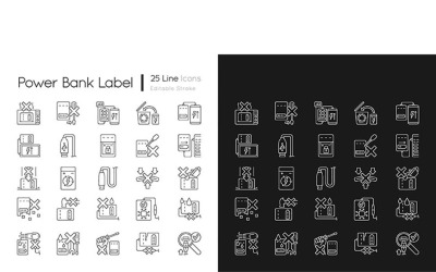 Power Bank-gebruik Lineaire handmatige labelpictogrammen ingesteld voor donkere en lichte modus