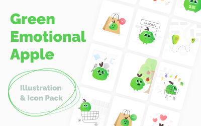 Grüner emotionaler Apfel – Einzigartiges verspieltes Essens-Illustrationspaket
