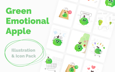 Maçã Emocional Verde - Pacote Único de Ilustração de Comida Lúdica