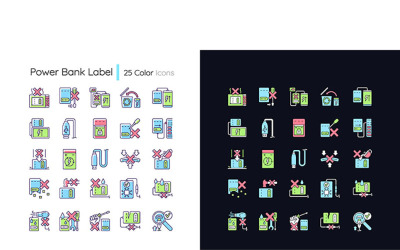 Conjunto de iconos de etiqueta manual de color RGB de uso de banco de energía tema claro y oscuro