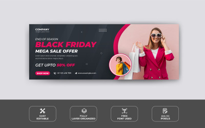 Plantilla de diseño de portada de Facebook y banner web de Black Friday Sale