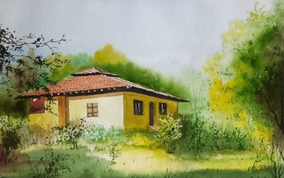 Aquarell schönes Haus im Garten Hand gezeichnete Illustration Vektor