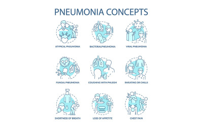 Conjunto de ícones do conceito de pneumonia azul