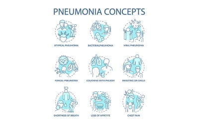 Conjunto de iconos de concepto azul de neumonía