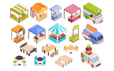 Isometrica Food Courts Fair Marketplace Set 200912115 Illustrazione vettoriale Concept