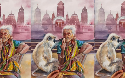 Akwarela Małpa z Oldwoman uroczą piękną ręcznie rysowaną ilustracją