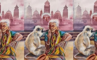 Suluboya Yaşlı Kadın güzel güzel elle çizilmiş illüstrasyon ile bir maymun