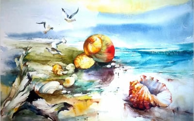 Uccelli dell&amp;#39;acquerello che volano sul mare bellissimo paesaggio illustrazione disegnata a mano