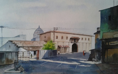 Akvarell vacker väg i staden bredvid huset Hand Drawn Illustration Vector