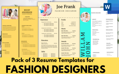 Pack mit 3 Lebenslauf-Vorlagen für Modedesigner - MS Word CV-Lebenslauf-Format