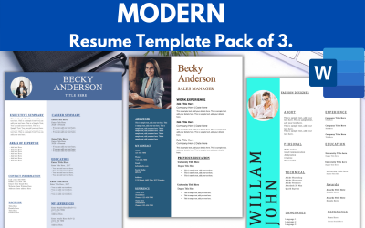 Confezione da 3 curriculum moderno / modello di CV - formato CV curriculum in Microsoft Word