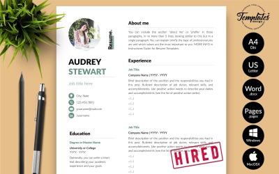 Audrey Stewart - Microsoft Word ve iWork Sayfaları için Kapak Mektubu ile Modern CV Özgeçmiş Şablonu