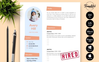 Avery Hill - 带有 Microsoft Word 和 iWork 页面求职信的创意简历简历模板