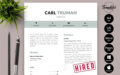 Carl Truman - Microsoft Word ve iWork Sayfaları için Kapak Mektubu ile Modern CV Özgeçmiş Şablonu