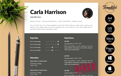 Carla Harrison – Modern önéletrajz-sablon motivációs levéllel Microsoft Word és iWork oldalakhoz