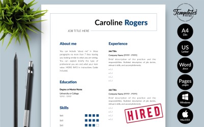 Caroline Rogers - Microsoft Word ve iWork Sayfaları için Kapak Mektubu ile Modern CV Özgeçmiş Şablonu