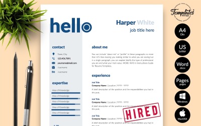 Harper White - Kreative Lebenslauf-Vorlage mit Anschreiben für Microsoft Word- und iWork-Seiten
