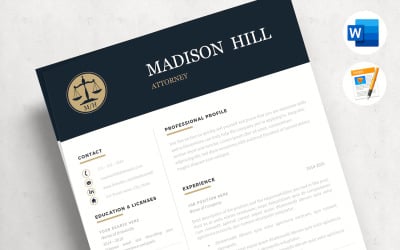 MADISON - Abogado CV CV. Plantilla de currículum vitae de abogado con carta de presentación legal, referencias y consejos