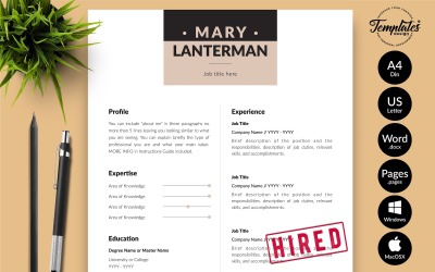 Mary Lanterman - 带有 Microsoft Word 和 iWork 页面求职信的现代简历简历模板