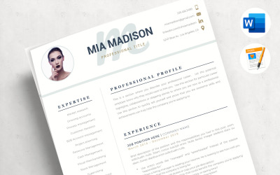MIA – Kreatív önéletrajz fényképpel Word és Pages számára. CV képpel és motivációs levél formátumban