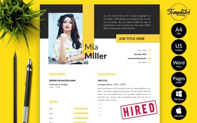 Mia Miller – Kreatív önéletrajz-sablon motivációs levéllel Microsoft Word és iWork oldalakhoz
