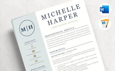 MICHELLE - Modello di CV professionale con logo e formato di copertina moderno, pagina di riferimento e suggerimenti