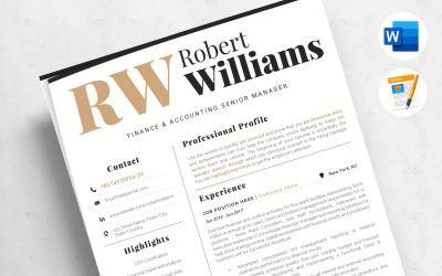 ROBERT - Formato de currículo de vendas de contador com carta de apresentação e referências para MS Word e Mac Pages