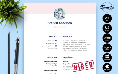 Scarlett Anderson - Kreative Lebenslaufvorlage mit Anschreiben für Microsoft Word- und iWork-Seiten