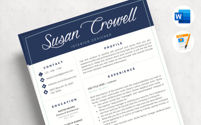 SUSAN - Modello di curriculum moderno di 2 e 3 pagine con copertina, pagina di riferimento e suggerimenti per la scrittura del CV