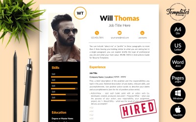 Will Thomas - Modello di curriculum creativo con lettera di presentazione per Microsoft Word e pagine iWork
