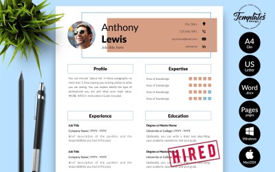 Anthony Lewis - Microsoft Word ve iWork Sayfaları için Kapak Mektubu ile Yaratıcı CV Özgeçmiş Şablonu