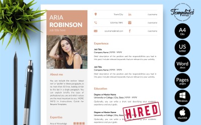 Aria Robinson - Plantilla de currículum vitae creativo con carta de presentación para páginas de Microsoft Word e iWork