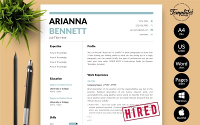 Arianna Bennett - 带有 Microsoft Word 和 iWork 页面求职信的简单简历模板