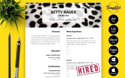Betty Bauer – Állatgondozási önéletrajzi sablon kísérőlevéllel Microsoft Word és iWork oldalakhoz
