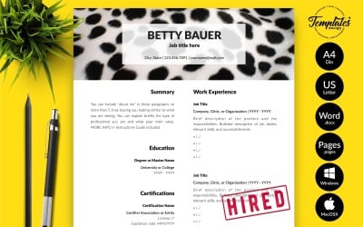 Betty Bauer - 带有 Microsoft Word 和 iWork 页面求职信的动物护理简历模板