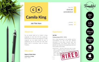 Camila King – Modern önéletrajz-sablon motivációs levéllel Microsoft Word és iWork oldalakhoz