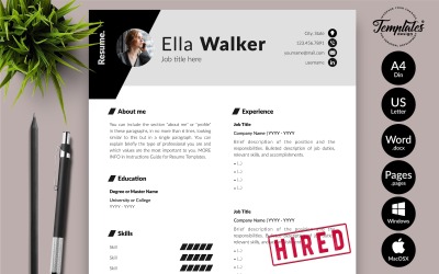 Ella Walker - 用于 Microsoft Word 和 iWork 页面的带有求职信的创意简历模板
