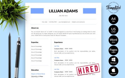 Lillian Adams – Tiszta önéletrajz-sablon motivációs levéllel Microsoft Word és iWork oldalak számára