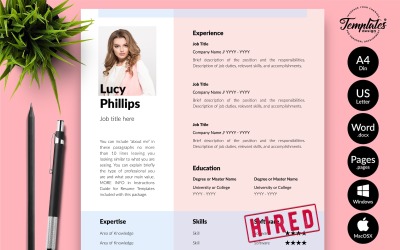 Lucy Phillips - Microsoft Word ve iWork Sayfaları için Kapak Mektubu ile Modern CV Özgeçmiş Şablonu